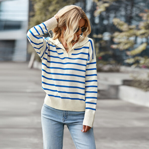 Women Striped Long Sleeve Pullover Sweater Casual Loose Polo V Neck Color Block Lightweight Knitted Fall Shirts Tops - Image 5