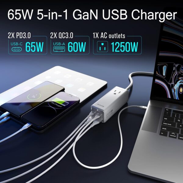 USB C Charger, MANTO 65W 5-in-1 GaN USB Charging Station, Super Fast Charger With 2 USB C Ports, 2 USB Ports And 1 Outlet, USB C Power Strip - Image 9